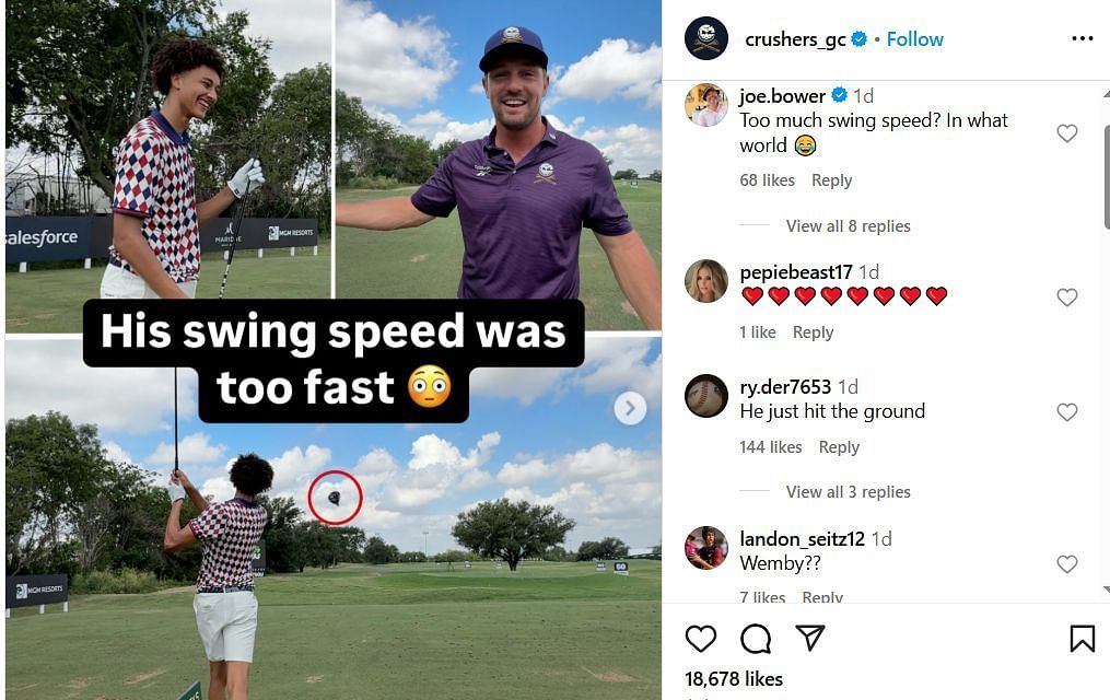 College hoops fans react to Nate Ament golfing with Bryson DeChambeau on IG. Image via @crusher_gc